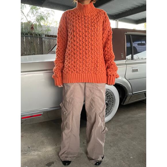 🔥Handmade Cable Knit Turtleneck Orange Pullover Cabin Cottage Retro Sweater - Picture 2 of 13